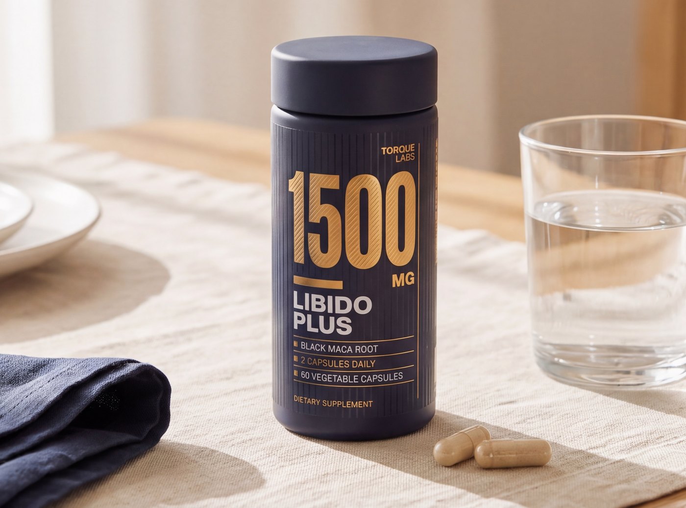 Libido Plus on a table with a glass of water and two capsules